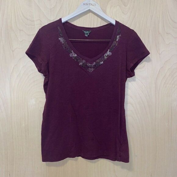 Eddie Bauer Maroon Beaded Short Sleeve Top L - Picture 2 of 7